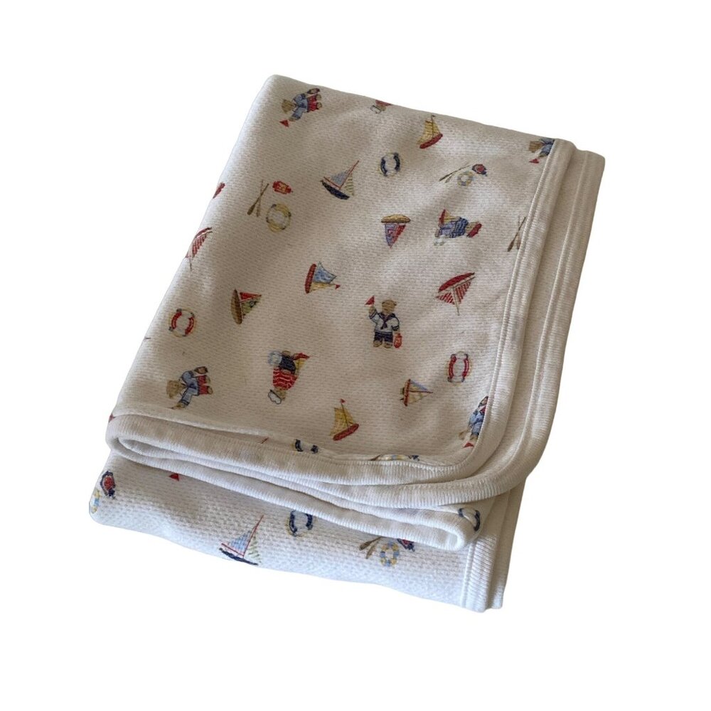 Laura Ashley Baby Boy Blanket Teddy Bear Sailboat Measures 27"x28"